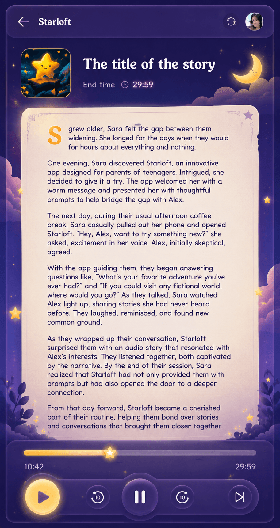Starloft mobile app showing a personalized story with audio player controls