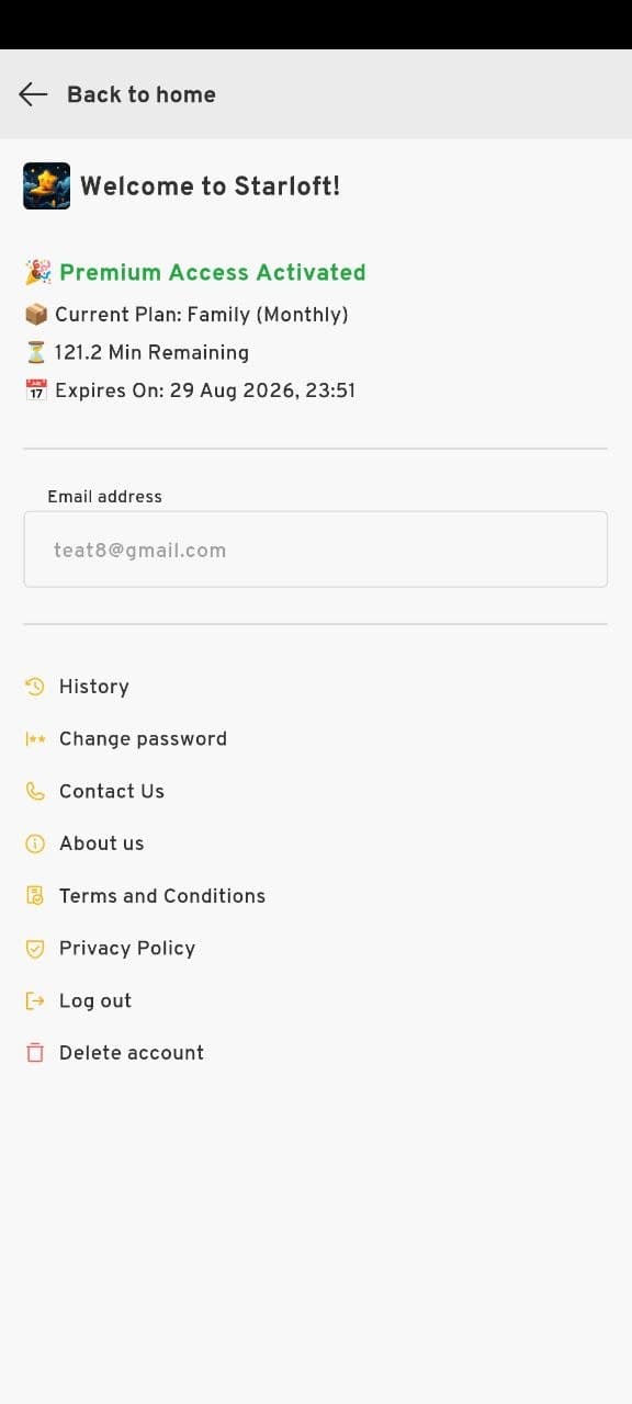 Starloft profile menu with Delete account option highlighted at the bottom