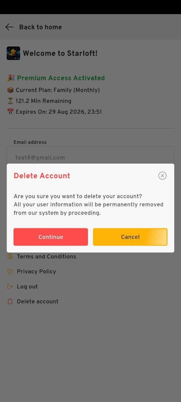 Delete account confirmation dialog with Continue and Cancel buttons
