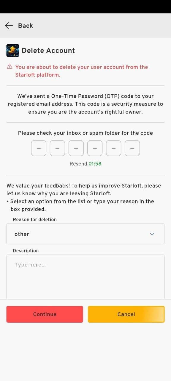 Delete account screen with OTP verification and feedback form